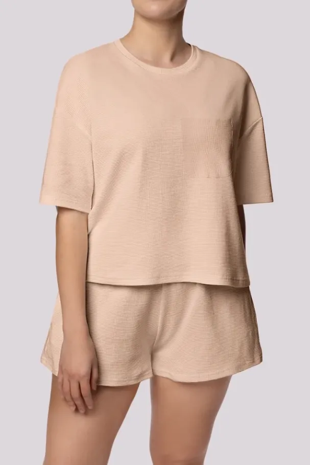 Beżowa Piżama z szortami COZY<Polski Sale
