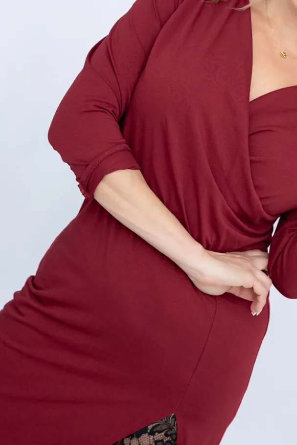 Bordowa Sukienka z koronką AMELIEN<Włoski Clearance