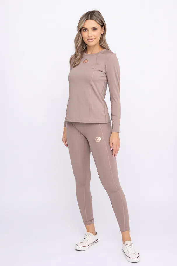 Ciemnobeżowe Legginsy sportowe SPINTI<Polski New