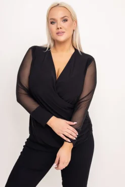 Czarna Bluzka z prześwitującymi rękawami LINDER Wzór 2<Polski Online
