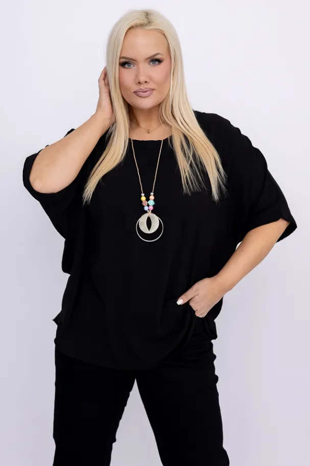 Czarna Bluzka z wisiorkiem BELUCIO<Włoski Discount