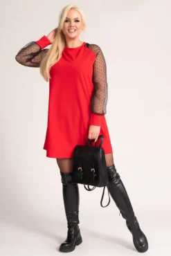Czerwona Sukienka z przezroczystymi rękawami BONDI<Włoski Best