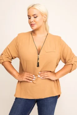 Jasnobrązowa Bluzka z rozsuwanym dekoltem MERXIO<Włoski Hot