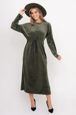 Khaki Sukienka welurowa CRYSTAL<Włoski Outlet