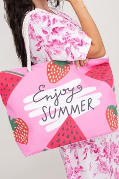 Różowo-biała Torebka plażowa STRAWBERRY< Hot